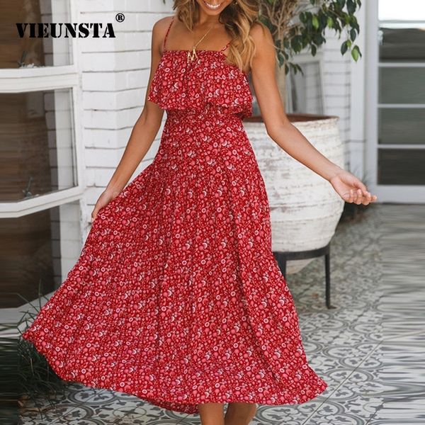 

vieunsta straps bohemian floral print women summer dresses slash neck ruffle beach long dress backless female sundress y200103, White;black