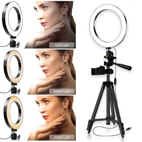 

26cm/10inch led ring light fill-in lamp dimmable 3 lighting modes usb powered with black metal tripod stand for youtube video1