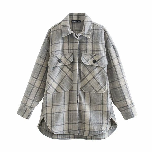 

2021 new vintage stylish pockets oversized plaid jacket coat women fashion lapel collar long sleeve loose outerwear chic, Black;brown