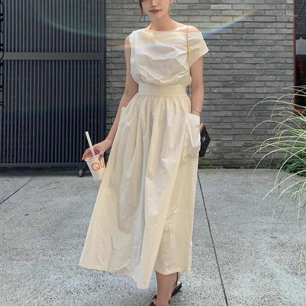 

ewq] simple casual ladies robe 2020 new summer women vintage loose high waist thin elegant sleeveless folds laides maxi dresses1, Black;gray