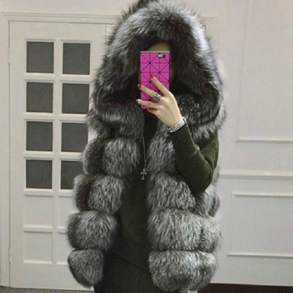

women's autumn winter faux fur vest oversized long fluffy fur jacket hooded sleeveless warm fake vests coat outerwear, Black