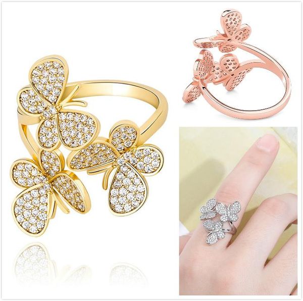 New Fashion Rose Gold Bling Cubic Dedo Zirconia Womens 3 Borboleta Abrir Cuff Anel congelado para fora Diamante Banda Anéis Hip Hop jóias para senhoras