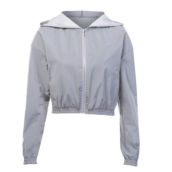 

fannic 2021 fashion solid color reflective zipper street style casual hooded jacket women, Black;brown