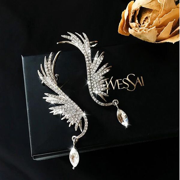 

earring ear cuff 925 earring angel wings rhinestone hanging dangle exquisite exaggerated fashion stud earrings elegant prevent allergy jewel, Silver