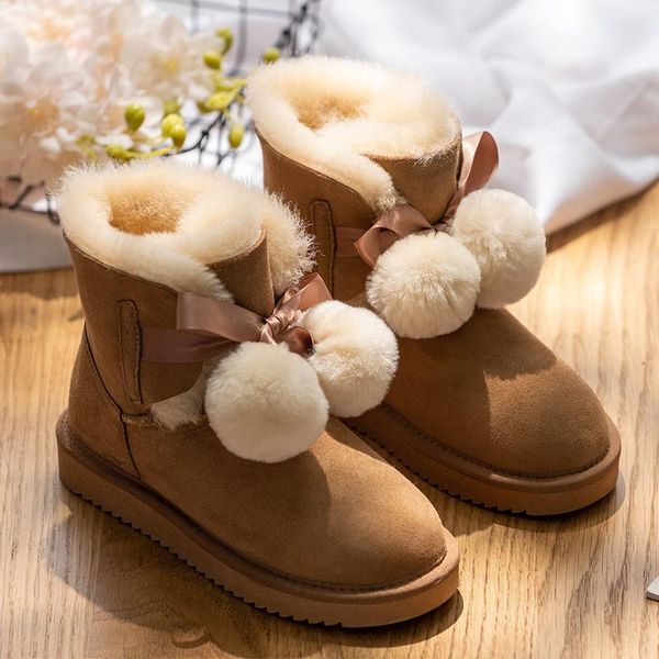 

new style mid-calf sheepskin suede leather winter warm snow boots for women flat 100% natural wool shearling fur lined bow-knot, Black