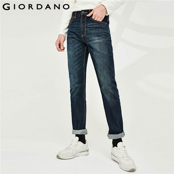 

giordano men jeans denim jeans elastic mid rise narrow feet quality cotton denim jeans pantalones whiskering denim clothing 201117, Blue