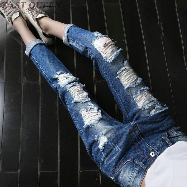 

women's jeans spring and summer women hole pant loose preppy style harem pants bottom mid waist plaid casual ripped 3402 f, Blue