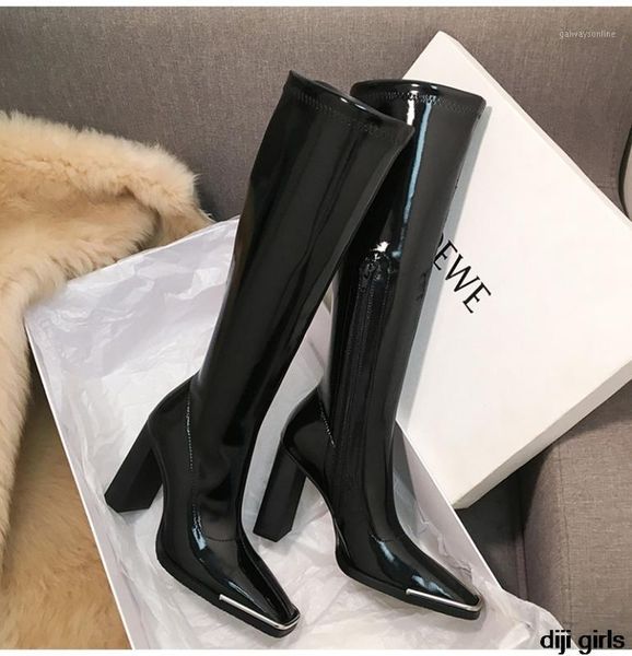

kendall style women motorcyle boots fashion square toe knee high boots autumn winter warm patent leather high heels shoes1, Black