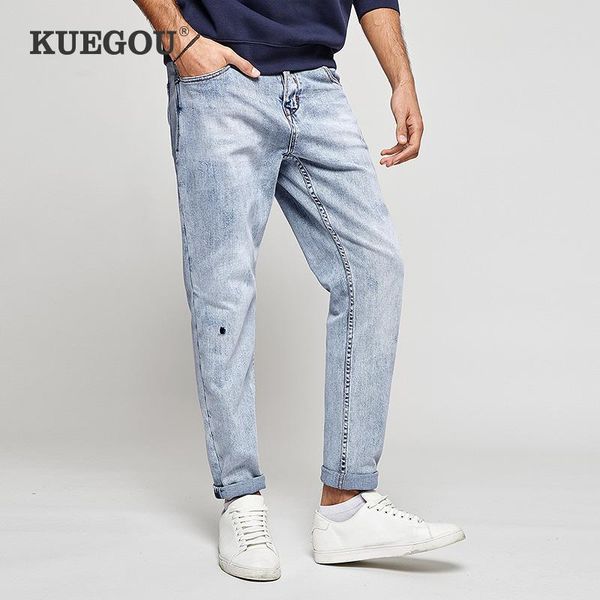 

kuegou cotton autumn winter clothing classic man jeans hip hop fashion stretch denim ripped washed blue men plus size kk-2910