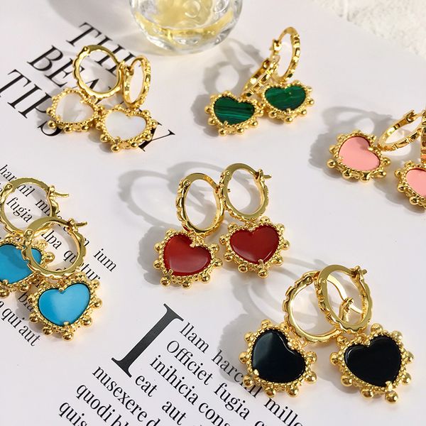

copper gold plated blue white pink green natural stone heart earrings for women new arrival selling luxury fashion jewelry, Golden