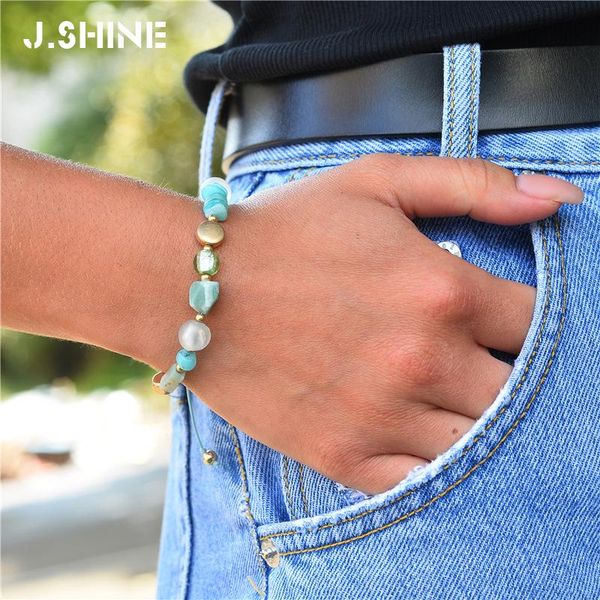 

jshine six colors irregular round natural stone beaded strand pull tie handmade bracelets for women fashion jewelry accessories, Golden;silver