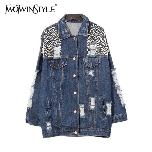

women's jackets washed denim outerwear jacket women 2021 autumn heavy beading pearls ripped holes basic coat fashion female clothing sl, Black;brown