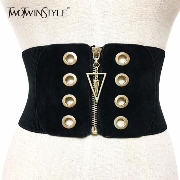

twotwinstyle wide belt for women elastic zipper patchwork high waist slim belts spring fashion 2020 female cummerbund, Black;brown