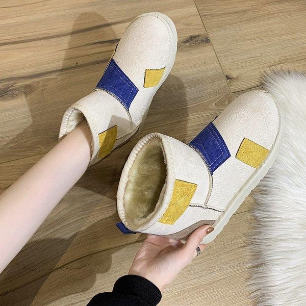 

snow boots woman winter new thicken velvet women's cotton shoes flat slip-on non-slip ankle boots patchwork black beige