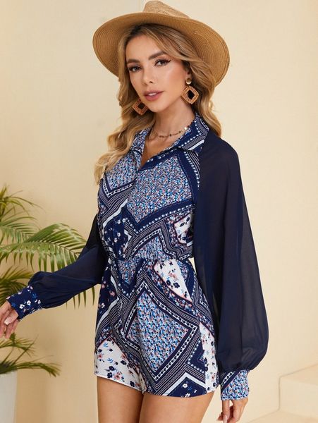 

lantern sleeve scarf print shirt romper z4h9#, White