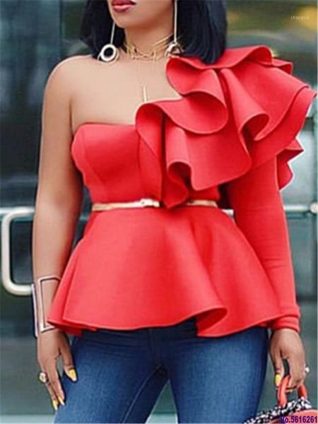 

women blouse shirts one shoulder peplum ruffles slim party wear 2020 summer new fashion elegant ladies white red bluas1