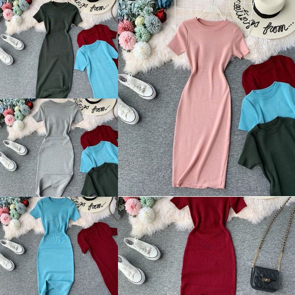 

korobov 2019 new short sleeve solid vintage women dress korean knit stretch waist elegant dresses o neck bodycon vestidos 78956 h1210, Black;gray