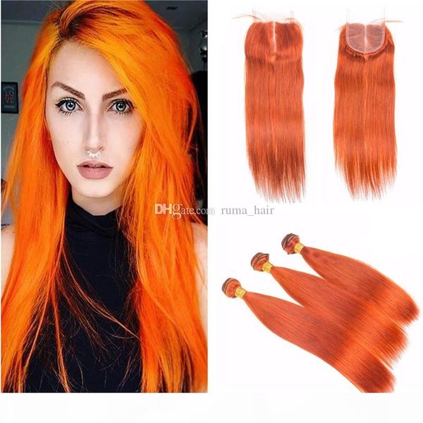 

new arrive orange color hair wefts with lace closure straight hair extension pure color bright orange cosplay hair weave with 4*4 closure, Black;brown