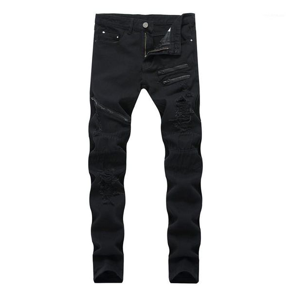 

fashion hi street men ripped jeans pants streetwear distressed denim trousers with multi zippers plus size 28-42 black1, Blue