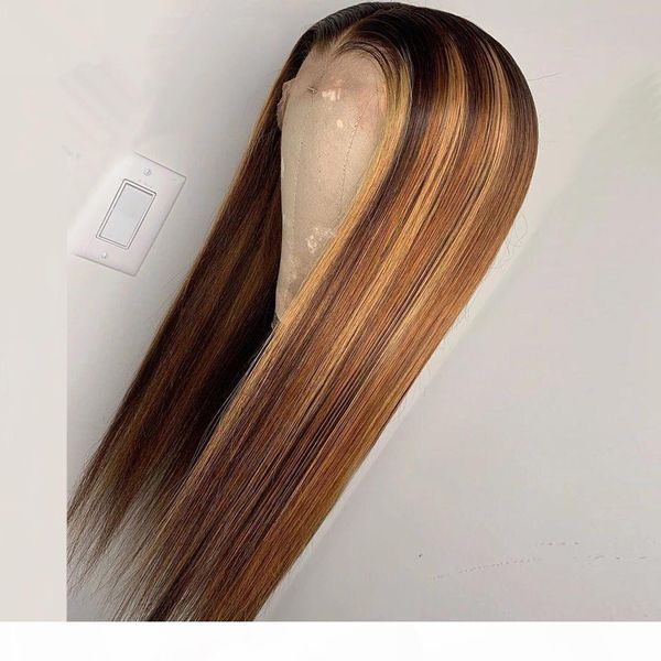 

ombre blonde kinky straight silk lace front wigs with natural hairlines 100% unprocessed human hair wigs bleached knots lace front wig, Black;brown