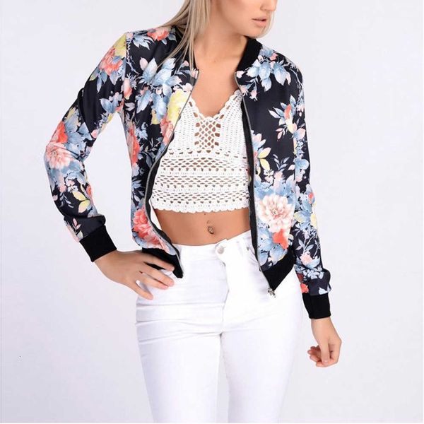 

women retro flower floral print zipper bomber collar slim coat casual outwear female autumn spring jacket fashion ladies c19041501, Black;brown