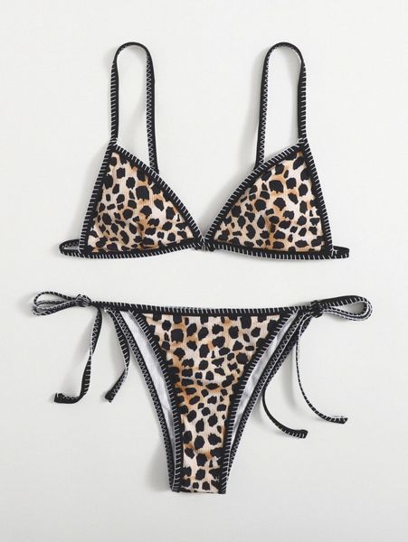 

allover graphic rib contrast binding bikini swimsuit l4ft#, White;black