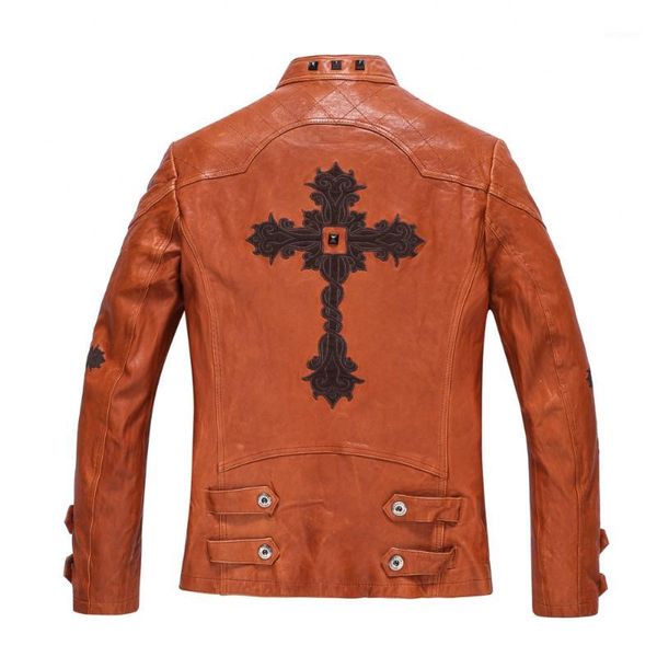 

leather jacket men slim fit real goatskin rider outerwear embroidery motorcycle jacket for men short casual1, Black