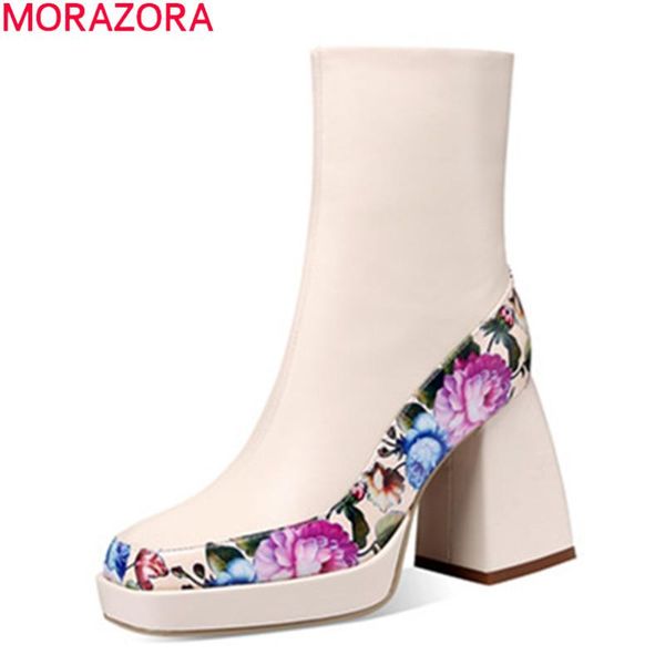 

morazora 2020 new brand women boots genuine leather mixed colors ankle boots fashion high heels platform ladies shoes, Black