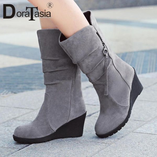 

boots doratasia big size 34-44 ladies wedges high heels fashion zip platform concise women 2021 flock pleated shoes woman1, Black