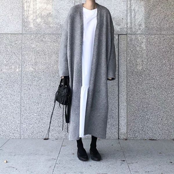 

south korea ins ultra long solid color loose casual casual sweater sweatercoat sweaterknitted coat women's in autumn winter 2020 u9f, White;black