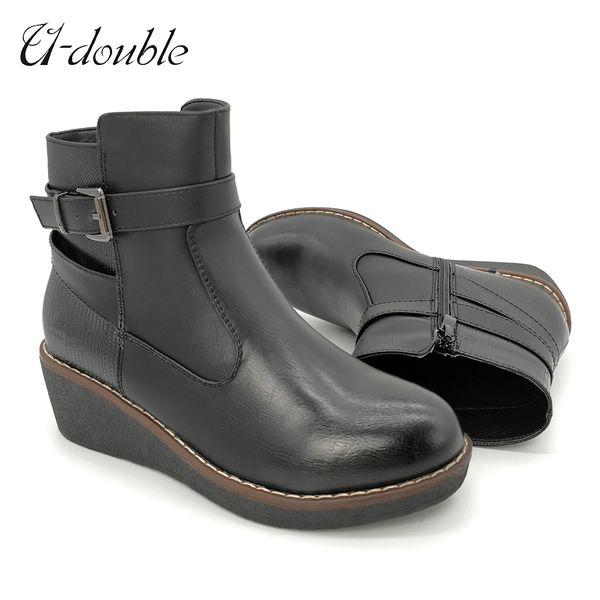 

toe u-double lace-up new genuine ankle round boots women lady booties autumn winter platform sole shoes handmade size 36-41, Black;red