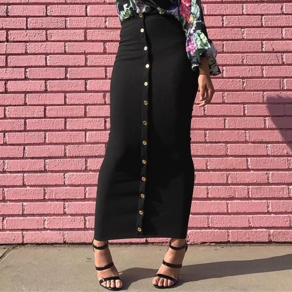 

women casual knitted long skirt fall winter bodycon button solid fashion simple office muslim skirts high waist plus size1, Black