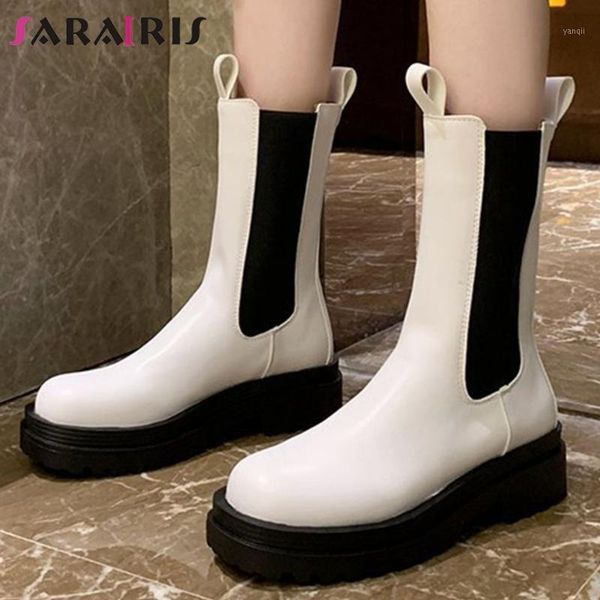 

boots sarairis brand girl consise round toe casaul daily slip on mid calf women winter solid platform shoes woman1, Black