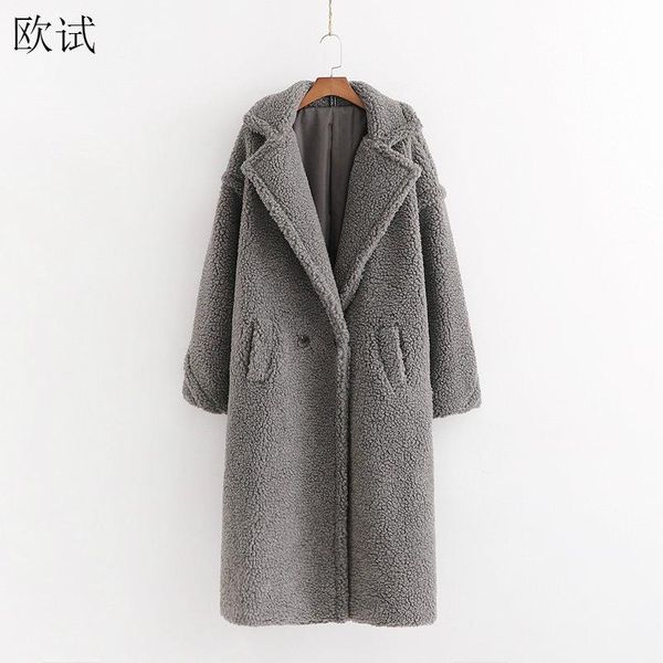 

plus size autumn winter faux fur teddy bear gray long coat women stylish thick warm coats cashmere woman fake fourrure jacket, Black
