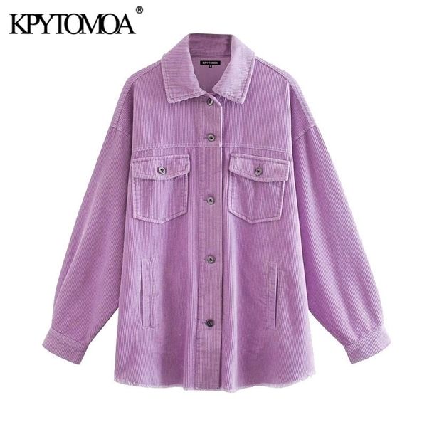

kpytomoa women fashion with pockets oversized corduroy jacket coat vintage long sleeve frayed hem female outerwear chic 201112, Black;brown