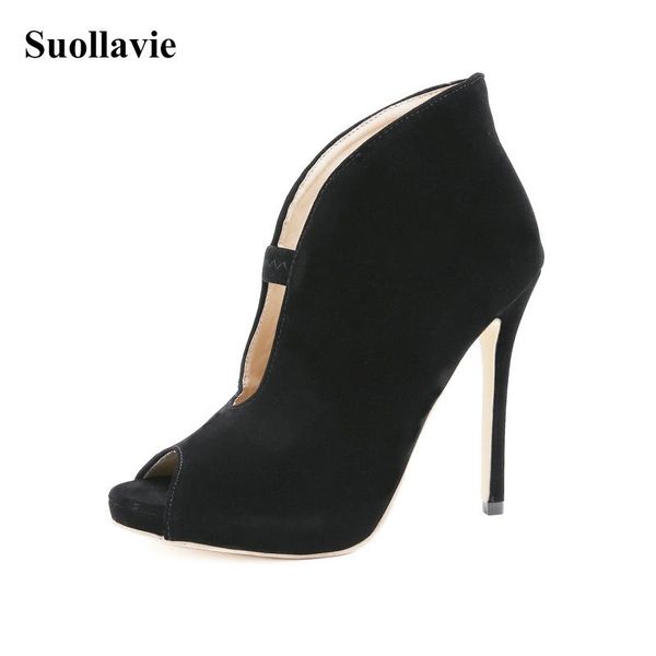 

suollavie new fashion shoes women solid black female pumps dress high heels peep toe boots women thin heel boots botas de mujer
