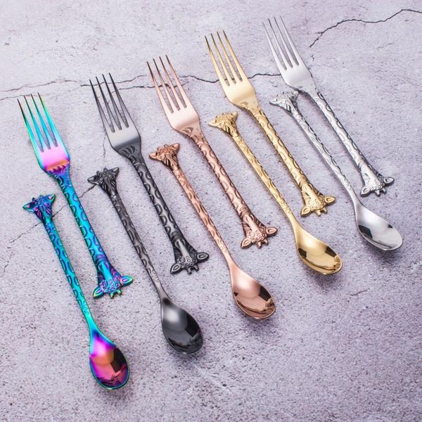 

giraffe cartoon mini long handle dessert spoon fork vacuum plating stainless steel coffee spoon stirring