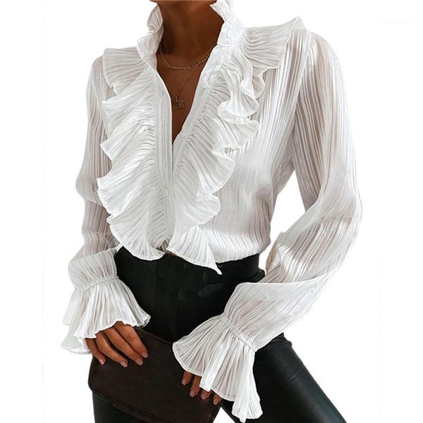 

pd women shirt blouse low-cut falbala collar long pagoda sleeve with buttons for spring and autumn shirts chemisier femme1, White