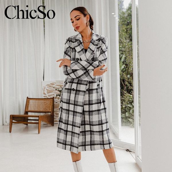 

glamaker plaid print with belt long coat female double breasted pocket straight winter autumn overcoat loose coat outwear 2020, Black