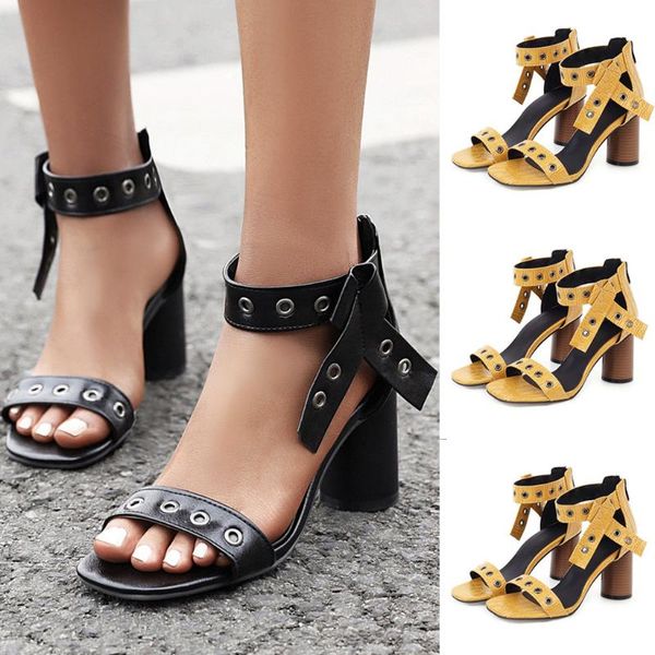 

shoes fashion summer sandals pure color buckle strap shoes coarse high heels sandals sandalias de verano para mujer a01, Black