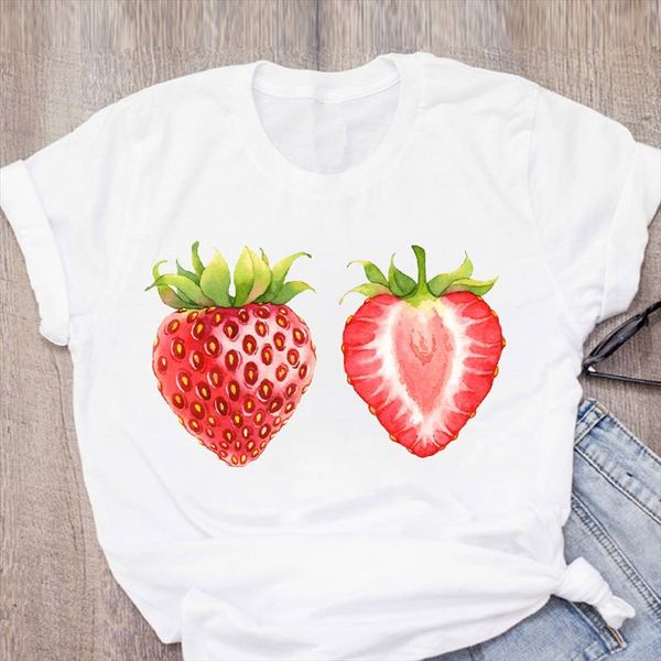 

женщины графический мультфильм клубника клубника печатные фрукты короткие рукав летняя леди топы футболки рубашка рубашка женская одежда tee, White