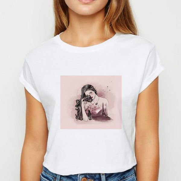 

new t-shirt beauty with long hair printing tshirt loose spring summer tee shirt easy matching round neck t-shirts, White