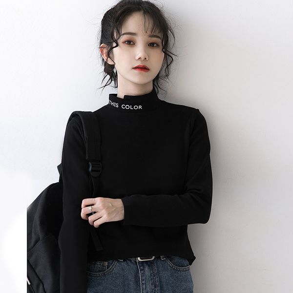 

2021 autumn and winter new card high retro-style port in black long female shirt p1m8, White
