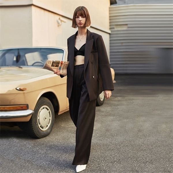 

ael vintage autumn women pant suit dark brown loose blazer jacket wide leg pants office sets (pants and blazer sold separately) 220315, White