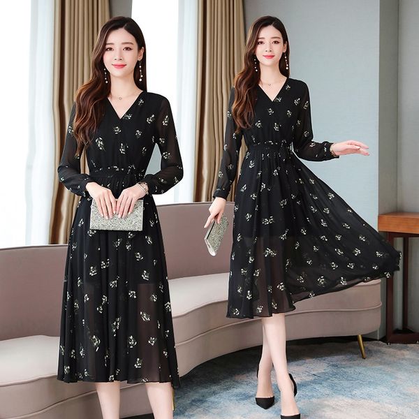 

black hepburn 2020 autumn new korean style slimming long skirt elegant skirt chiffon long sleeve bottoming dress for women quzyi, Black;gray