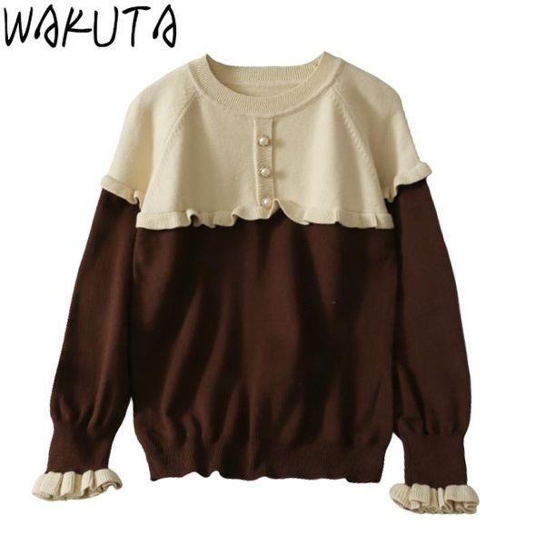 

wakuta chic fashion color block patchwork sweater women pearl clasp decorated o neck pullovers fall winter loose casual knitwear, White;black