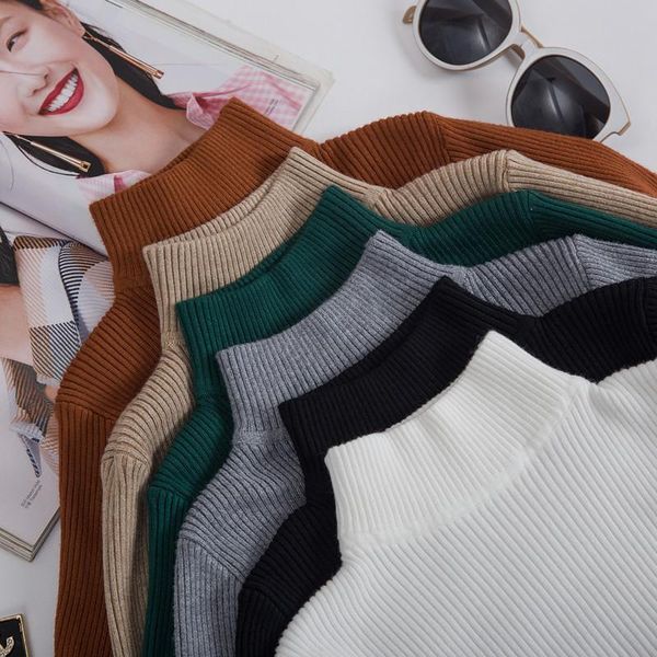 

knitted sweater women 2020 thin half turtleneck autumn winter woman sweaters long sleeve pullover ladies tight 11 colors, White;black