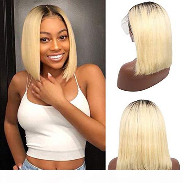 

ombre blonde human hair wigs 13x1x4 lace frontal bob middle part 180% density glueless silky straight for women brazilian hair, Black;brown