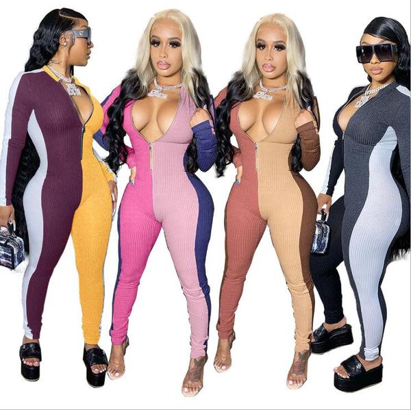 Tuta da donna Pagliaccetti a maniche lunghe Onesies Slim Sexy Designer Splicing Cuciture a contrasto Tuta Colletto con cerniera Abbigliamento donna ZYY325