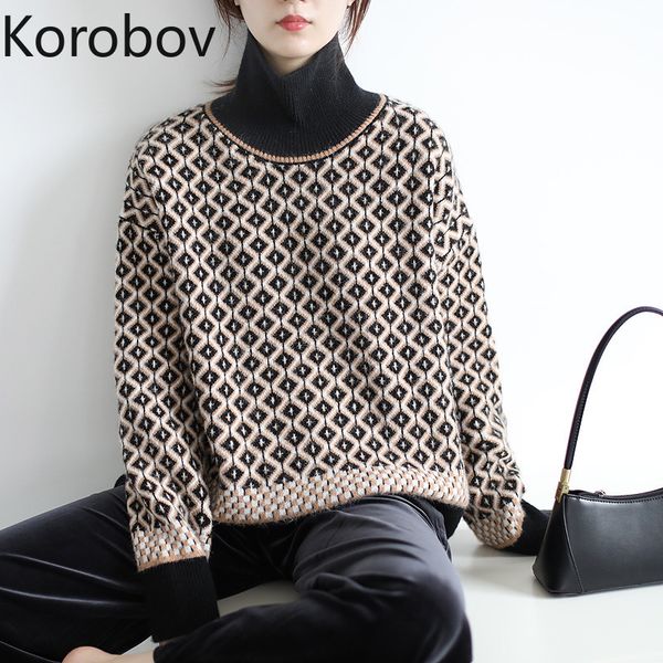 

korobov korean elegant vintage sueter mujer 2020 new arrival women sweaters turtleneck plaid patchwork female pullovers h1211, White;black